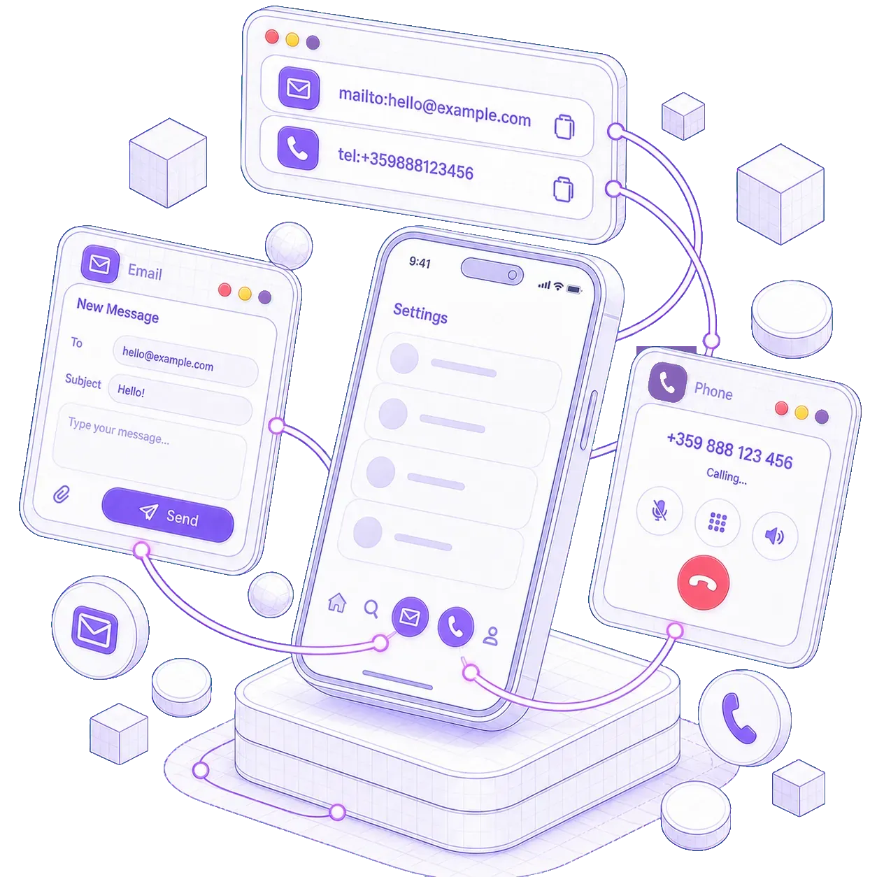 A phone flanked by an open email compose window and an active phone call screen, both launched from the app's menu