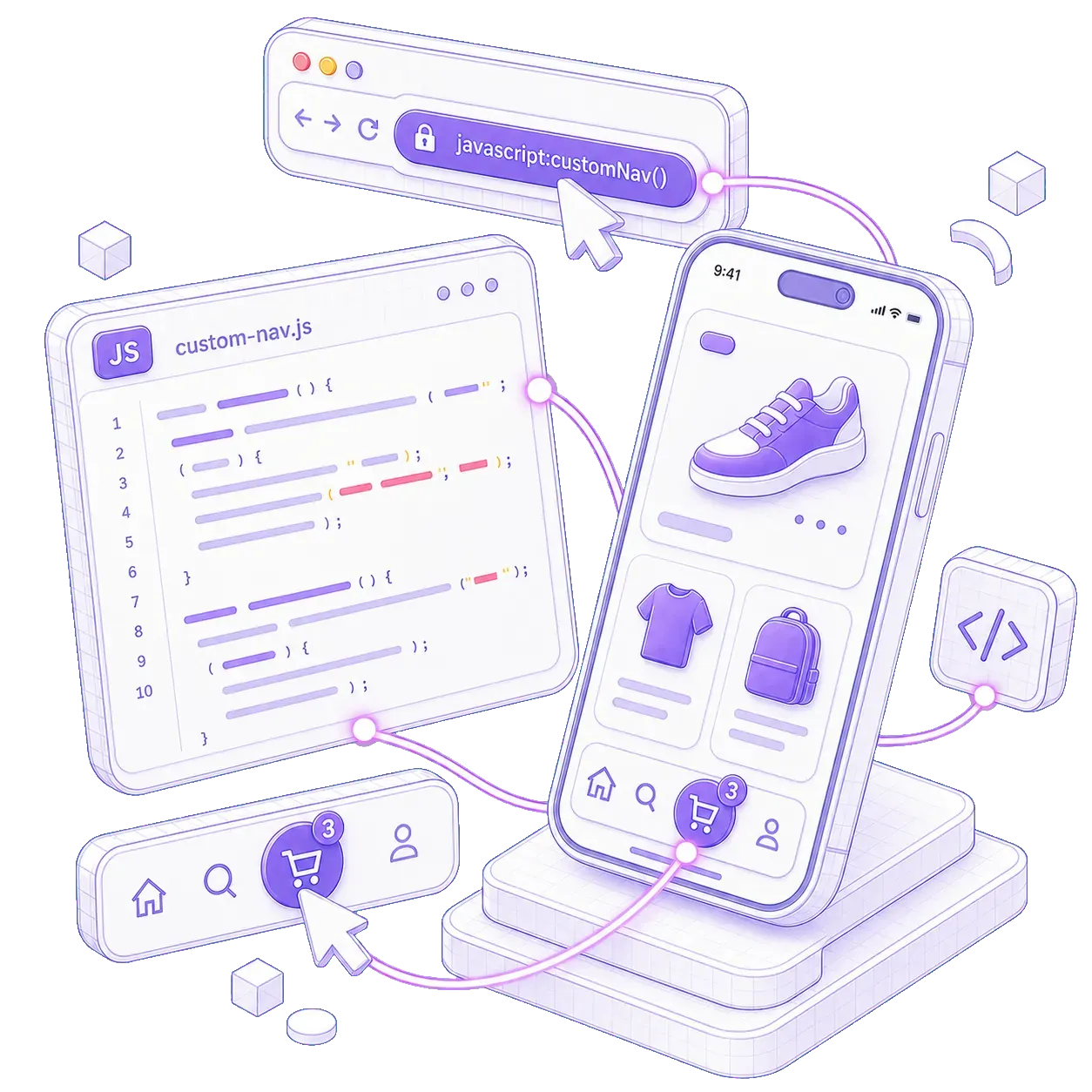 A phone beside a code editor panel showing a custom navigation script, wired to the app's tab bar