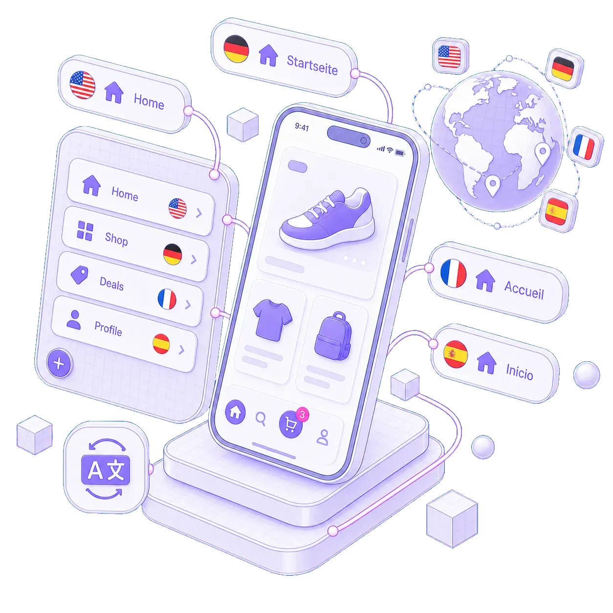 A phone surrounded by the same menu item rendered in several languages, each with its own flag, around a globe