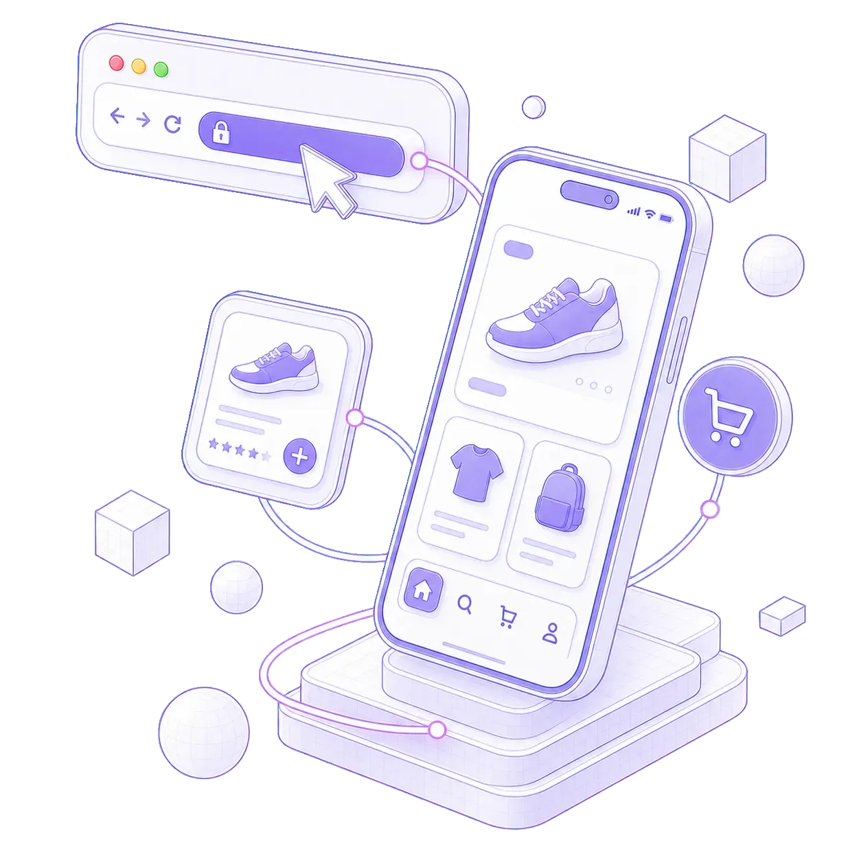 A phone showing a store's product grid, with a browser address bar and a product page linked to it by glowing connectors