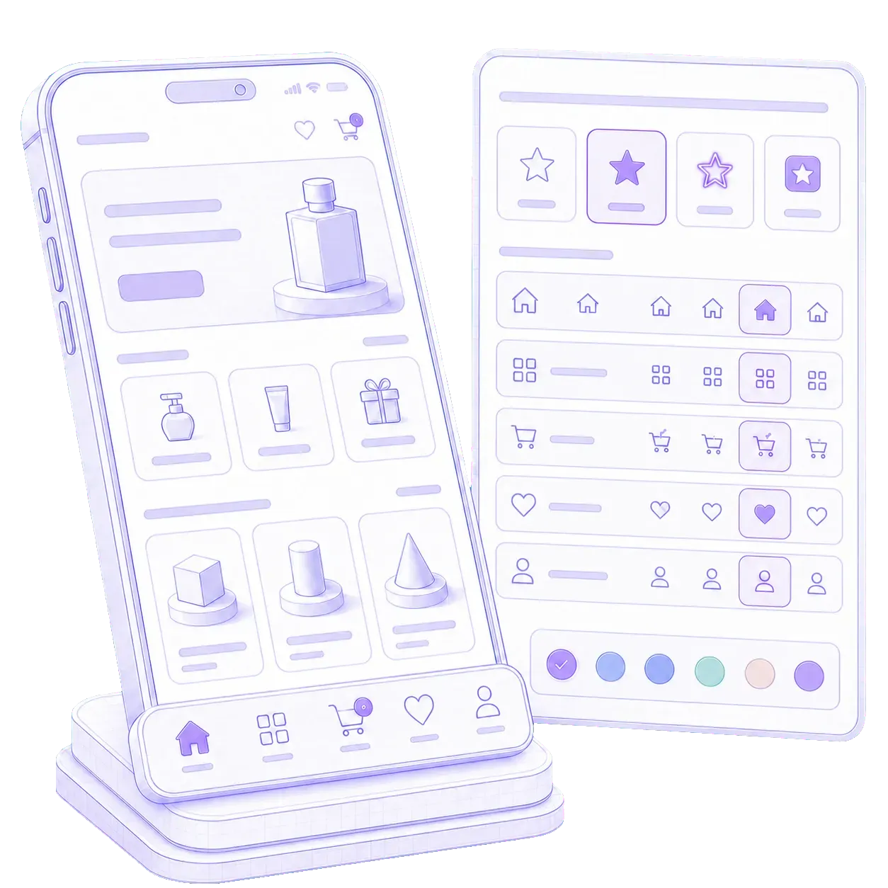 A phone's menu beside a palette of icon styles and accent colours, one of each picked and applied to the menu