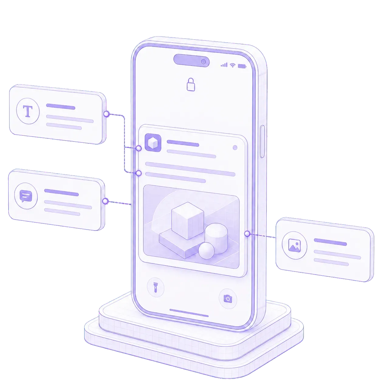 A notification composer with title, description, and image options wired to a rich lock-screen notification card