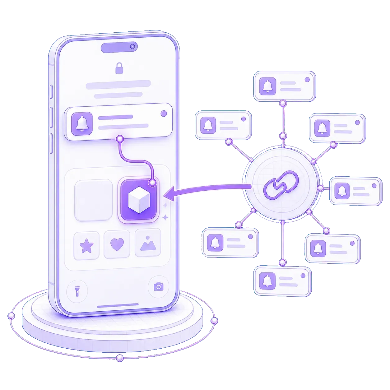 A hub of notifications routed through a link icon straight to one highlighted product tile on a phone