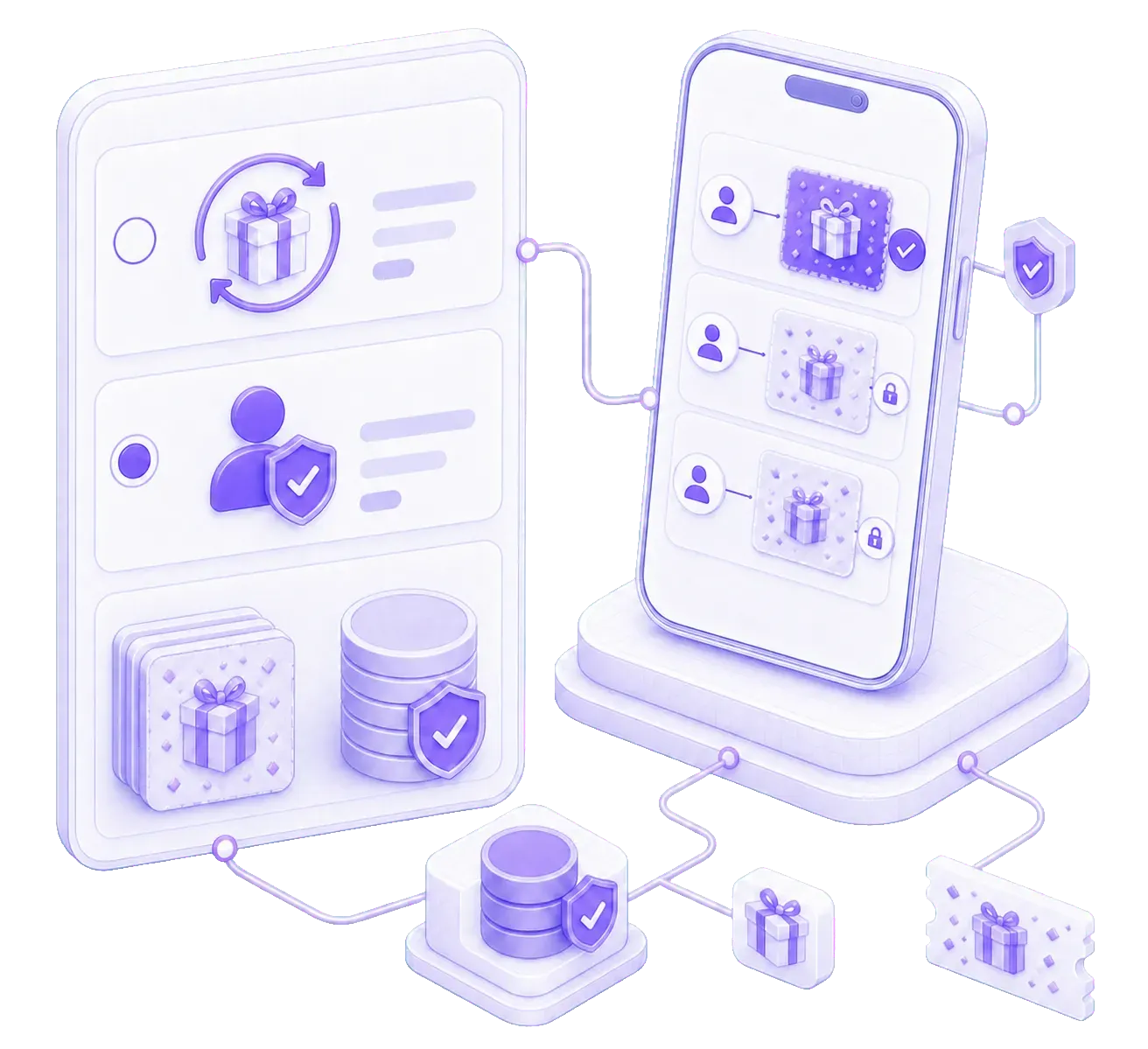 Redemption settings for repeat wins and once-per-customer limits, wired to a phone showing three reward tiles, two locked after being claimed