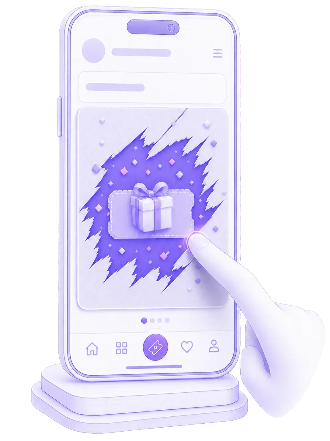 A phone showing the scratch-reveal screen mid-scratch, a gift card emerging from foil as a finger drags across it
